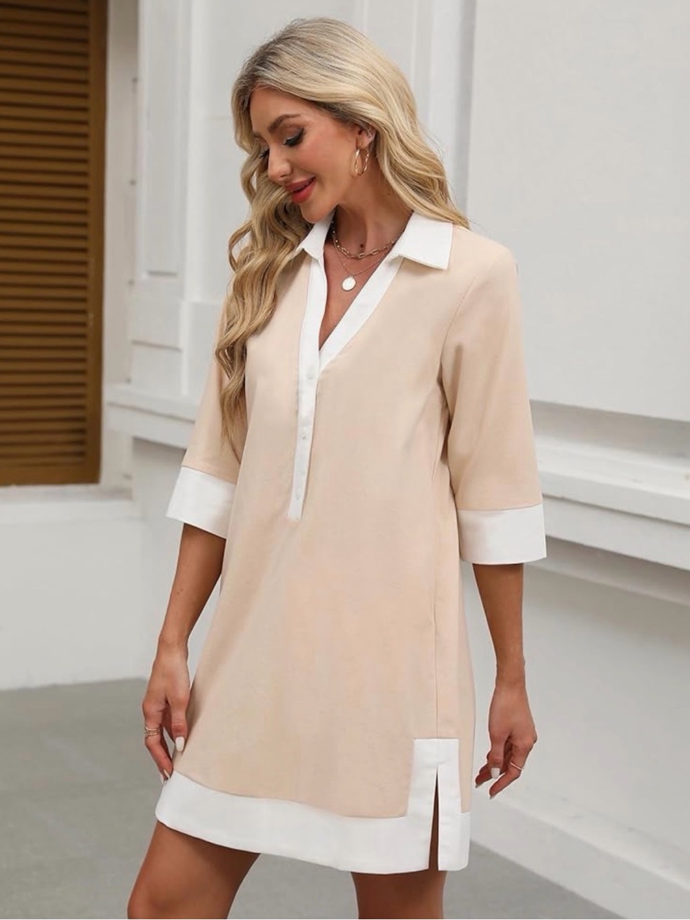 Kedera - Beige Contrast Collar Tunic Dress